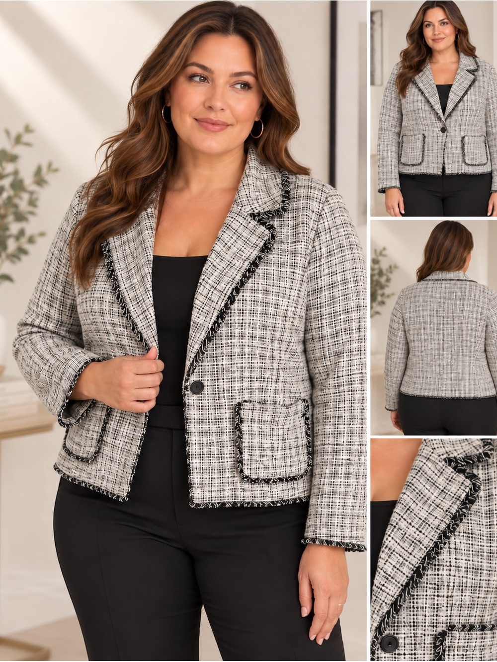 Lane Bryant Size 22 Black White Tweed Cropped Blazer Fringe Trim